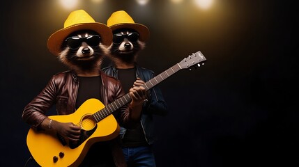 rockstar pop art raccoon couple playing guitars on stage