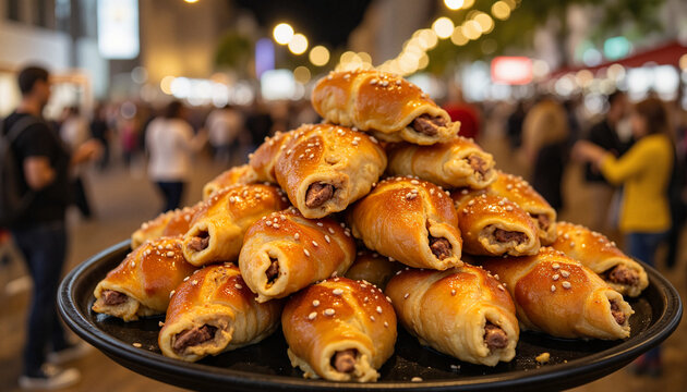 Delicious stack of bifanas at lively night food market, culinary joy