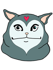 Ilustración de gato serio con rostro de corazon, gato gris, png, imagen sin fondo y completa