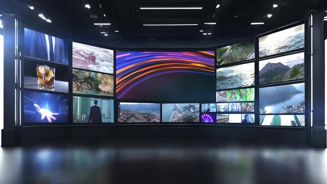 Video wall showing varied content in dark room with polished floor