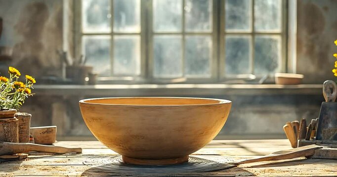 A terracotta bowl sits on a wooden table in a sunlit pottery workshop, surrounded by tools and flowers.