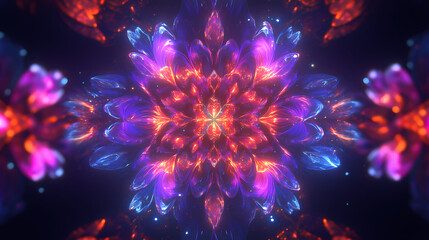 Glowing neon floral kaleidoscope. Mystical Neon Fractals. Illustration