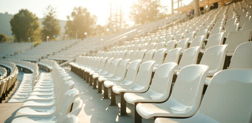 Obraz premium rows of white plastic seats in a sunlit outdoor amphitheater