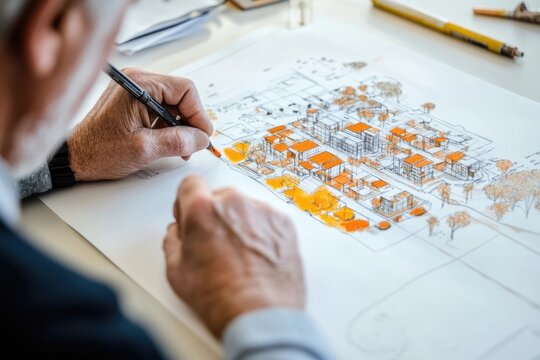 An architect meticulously sketches a detailed urban development plan, highlighting buildings and landscaping with orange accents.