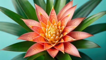 Fototapeta premium Exotic Orange and Green Succulent Plant Close Up of Vibrant Nature Details on Blue Background