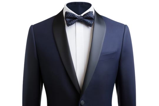 Elegant blue tuxedo with bow tie on display