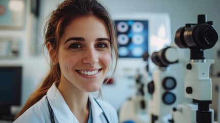 Ophthalmologist engaged in eye examination at a modern clinic focusing on patient care