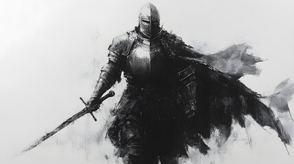 Fototapeta premium A knight in full armor stands ready with sword drawn, exuding strength and determination on a light background.
