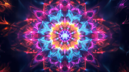 Psychedelic fractal mandala, glowing neon colors. Mystical Neon Fractals. Illustration