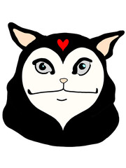 Ilustración de gato serio con rostro de corazon, gato n3gro con blanco, sin fondo e imagen completa