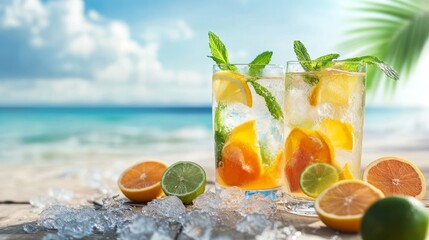 Refreshing citrus cocktails with ice and mint on a tropical beach