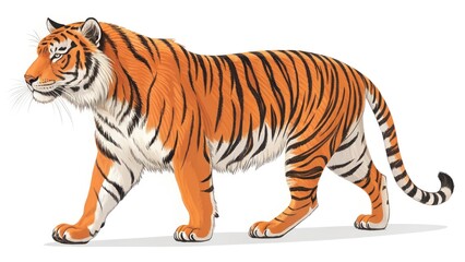 Obraz premium Powerful Majestic Tiger Walking with Confidence, Its Striking Orange and Black Stripes Making It Stand Out on White Background