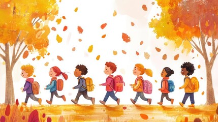 Fototapeta premium Kids First Day at School Excitement Happy Children Walking with Backpacks and Books Through Colorful Autumn Park Path