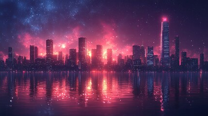 Obraz premium Nighttime modern city skyline reflecting on water with vivid glowing colors and stars