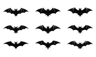 Set of silhouettes Bat Vector Illustration, Detailed artwork, Minimalist design, isolated on white background. Simple shape for logo design, emblem, symbol, sign, badge, label, stamp