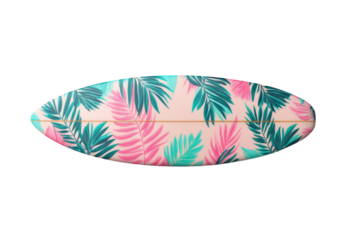 Bright surfboard with tropical design on display