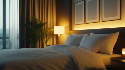 Cozy bedroom with soft lighting and elegant decor in a modern hotel setting during the evening