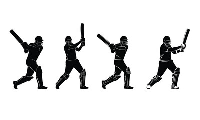 Set of silhouettes of cricket athletes vector Illustration, Detailed artwork, Minimalist design, isolated on white background. Simple shape for logo design, emblem, symbol, sign, badge, label, stamp.