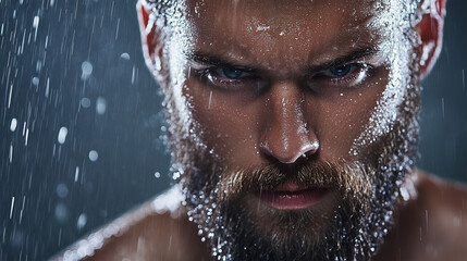 Intense close-up of a muscular man under falling water droplets in a dramatic setting