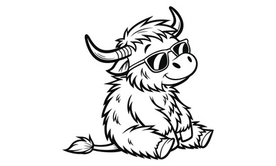 Cartoon highland cow cute and fluffy with sunglasses vector Illustration, Detailed artwork, monochrome design, Minimalist design concept, isolated on white background