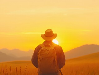Adventurous traveler at sunrise over majestic landscapes nature warm golden hour scenic viewpoint
