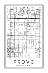 Printable downtown road map poster of the USA town of PROVO on solid white background with city name