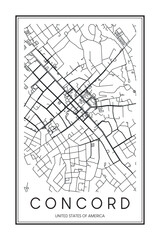 Printable downtown road map poster of the USA town of CONCORD on solid white background with city name