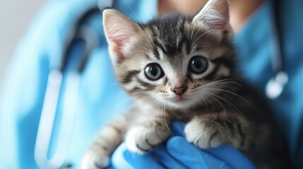 Veterinarian holding adorable kitten with bright eyes in clinic setting