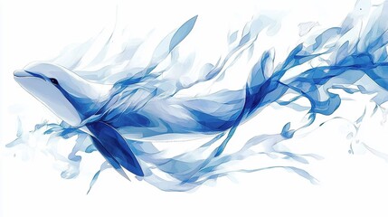 Abstract blue dolphin swimming in swirling water.