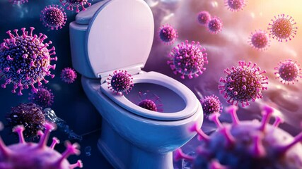 Conceptual representation of viruses surrounding a toilet in a surreal setting focused on sanitation issues