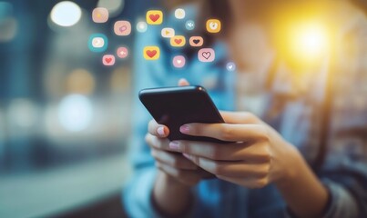 A person using a smartphone to access social media, with emoticon and emoji symbols floating above, representing digital marketing and content strategy for a mobile device user Generative AI