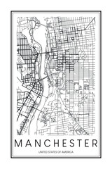 Printable downtown road map poster of the USA town of MANCHESTER on solid white background with city name