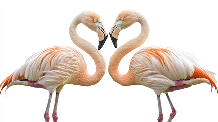 Obraz premium Two flamingo birds forming a heart with their necks isolated on white background.