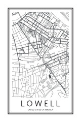 Printable downtown road map poster of the USA town of LOWELL on solid white background with city name