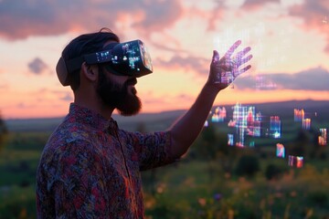 Man using VR headset interacts with holographic data visualizations in a sunset landscape.