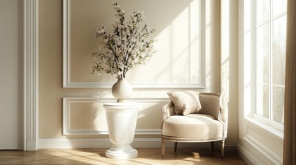 Fototapeta premium Sunlit room corner with armchair, pedestal, and flowering branch.