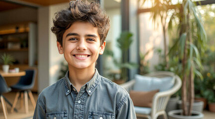 portrait of a smiling teenage boy in a gray denim shirt