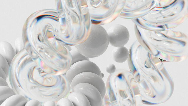 White abstract background with sphere and spiral shapes, 3d render