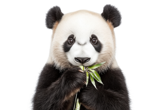 Panda eating bamboo in a playful pose