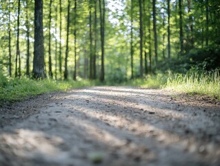 Fototapeta premium Sunlit forest pathway nature tranquil environment ground level view natural atmosphere