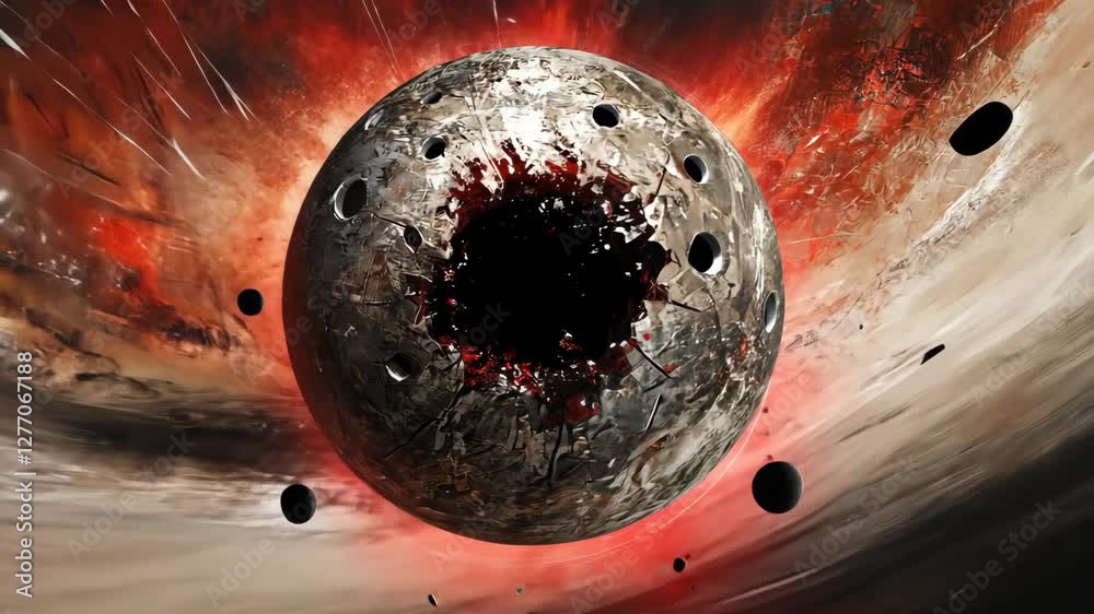 Wall mural celestial event depicts a massive asteroid approaching a distant planet during an explosive cosmic c