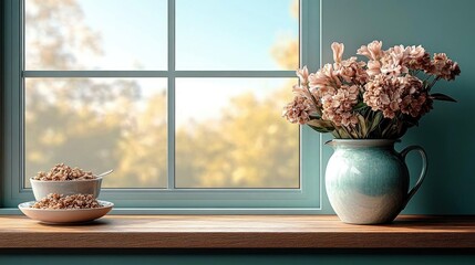 Serene Window View: Flowers, Granola, Sunlight