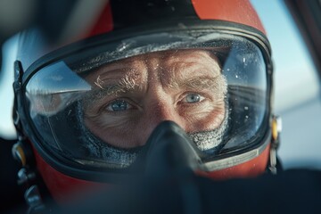 Fototapeta premium Pilot portrait blending with airplane in aviation environment close-up view of determination