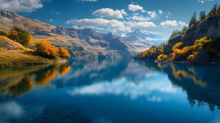 Obraz premium Scenic lake reflecting mountains and autumn colors, showcasing serene natural beauty under a bright sky.