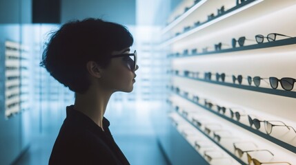 Young woman explores eyewear selection in optical store focused on ai technology and ophthalmology