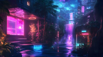 Futuristic paradise with neon lights, lush foliage, and a mesmerizing waterfall under a starlit sky.