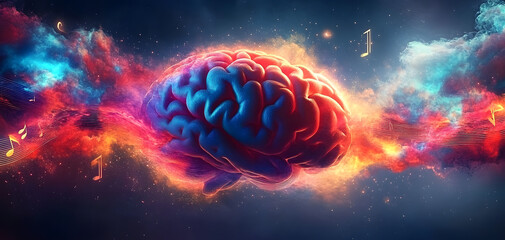 Fototapeta premium Self care and mental health concept. Human brain with vibrant melody wave and music notes, positive thinking, creative mind