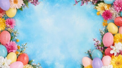 Fototapeta premium Pastel Easter Eggs and Spring Flowers Border