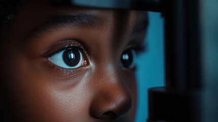 Child undergoes eye examination using advanced optics technology in ophthalmology setting