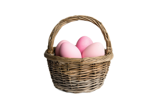 Colorful pink eggs in a woven basket display